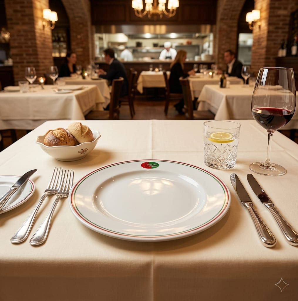 Mesa de restaurante com prato branco premium personalizado